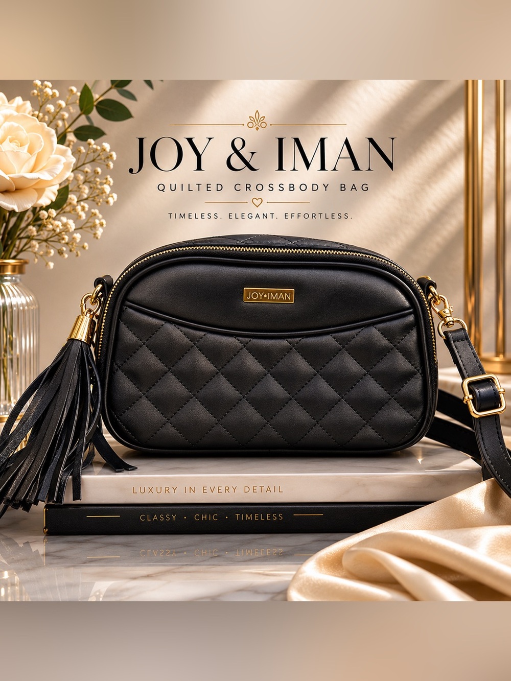 Joy & Iman Black Quilted Crossbody with Tassel 100% Leather